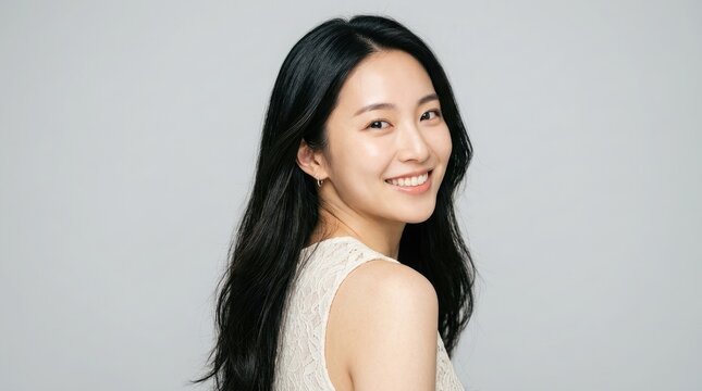 A beautiful young asian woman with long dark hair smiling brightly while looking over her shoulder at the camera studio portrait