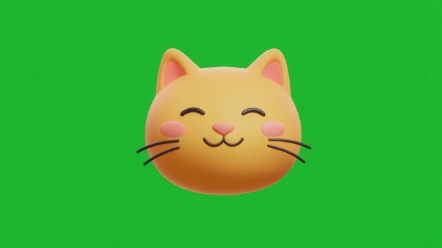 Stylized smiling cat emoji head on chroma green background for overlays, motion graphics, presentations, streaming, social media, and commercial video editing.