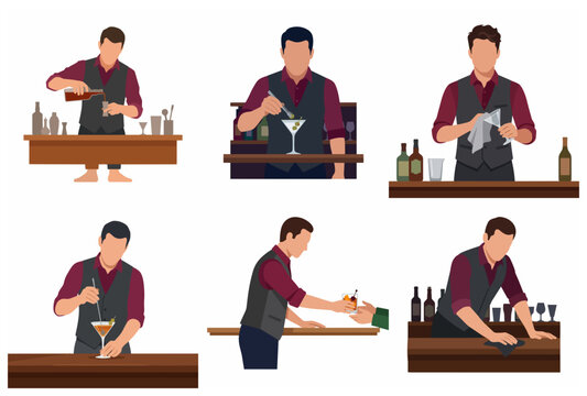 Set of professional male bartender characters in flat style making and serving cocktails at a bar counter