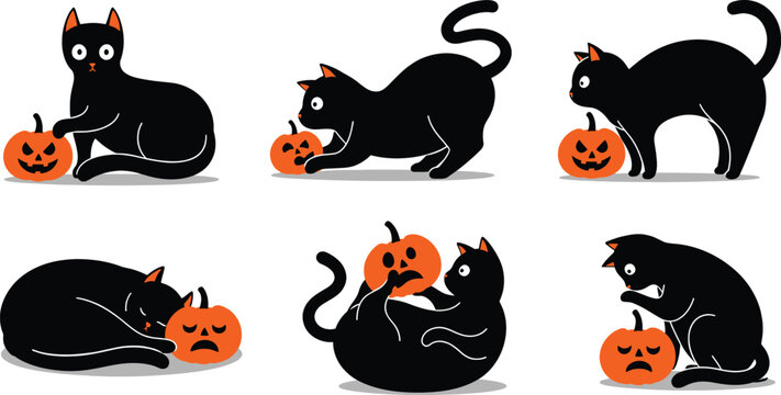 Cute Black Cat and Pumpkin Illustration Set - Six Minimalist Flat Vector Poses of Cartoon Black Cats with Jack-O-Lanterns for Halloween Party Decor, Stickers, and Spooky Seasonal Graphics