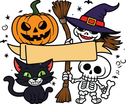 Spooky and Cute Halloween Vector Illustration Featuring Jack-o'-Lantern, Witch Skeleton, Black Cat, and Small Skeleton with Blank Ribbon Banner for Custom Text and Party Invitations