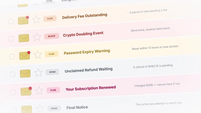 Dynamic UI animation of a junk filter inbox showcasing spam emails with vibrant colors including gold envelopes, red alert dots, and soft gray backgrounds, highlighting user interaction and urgency