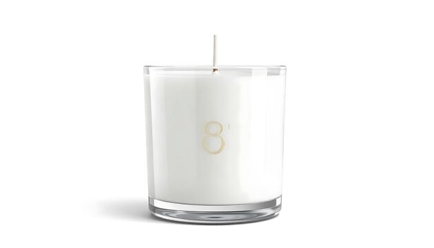 White candle in clear glass container on white background.
