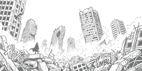 A lone hero stands in a destroyed city with falling buildings and rubble after a massive disaster event