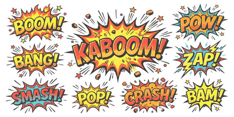 Set of colorful comic book style speech bubbles with action words like boom bang pow zap crash and kaboom © ZenVectors