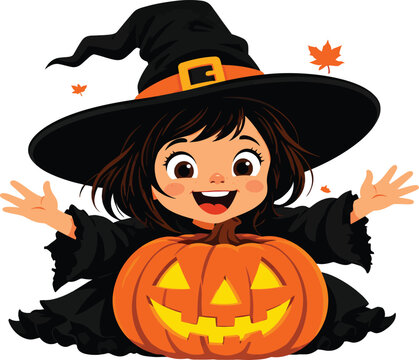 Adorable Cute Little Girl Witch Vector Illustration with a Large Jack-O'-Lantern Pumpkin and Falling Autumn Leaves for Halloween Party Invitation Design, Trick or Treat Spooky Celebration