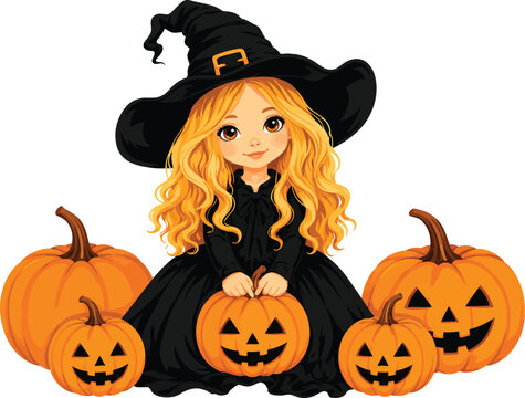 Adorable Little Girl with Blonde Hair Wearing a Witch Costume and Hat Sitting with Halloween Pumpkins and Jack-o'-lanterns Vector Illustration for Seasonal Autumn Holiday Background