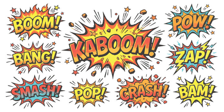 Set of colorful comic book style speech bubbles with action words like boom bang pow zap crash and kaboom