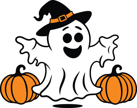 Cute Halloween Ghost Illustration Wearing a Witch Hat with Orange Pumpkins, Friendly Spooky Character Vector Design for Autumn Holiday Decorations and Seasonal Party Invitations.