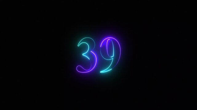 Neon glowing number 39 animation with vibrant purple and blue light trails on black background thirty-nine
