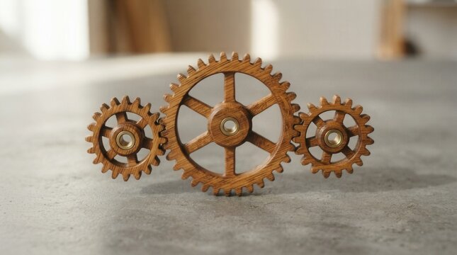 Three Wooden Gears Interlocking on a Textured Surface.