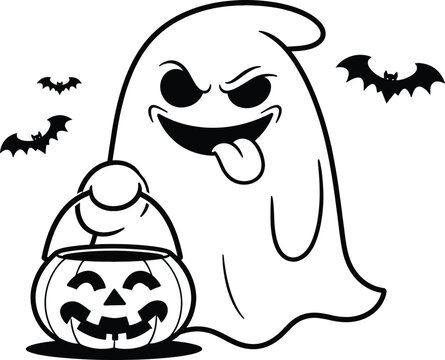 Cute Halloween Ghost Vector Illustration with Pumpkin Basket and Bats - Black and White Line Art for Kids Coloring Pages, Party Invitations, and Spooky Seasonal Graphic Design Projects