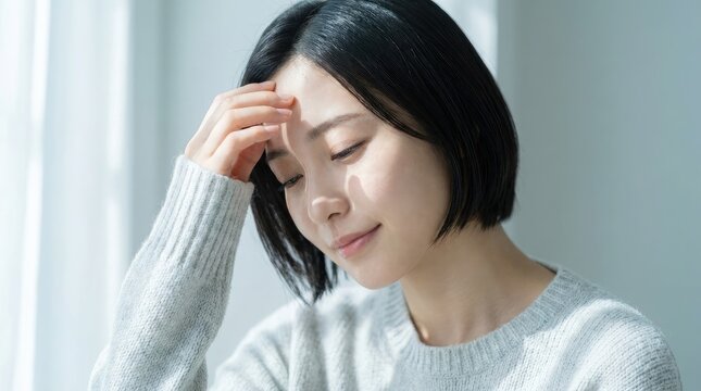 A young asian woman feeling stressed and exhausted while touching her forehead with her hand in a bright indoor room setting