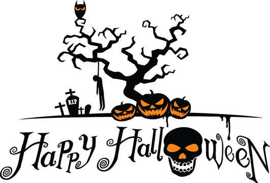 Creepy Happy Halloween Vector Illustration with Gnarled Tree, Hanging Figure, Glowing Jack-o-lanterns, Spooky Skull, and Graveyard Tombstones for Festive Party Decorations and Designs