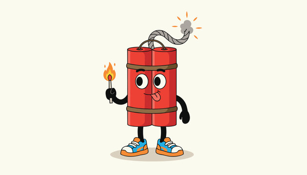 Funny cartoon dynamite stick character holding a burning match with a smoking fuse on a light cream background.