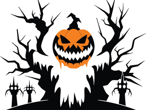 Scary Halloween Vector Illustration Featuring a Sinister Jack O' Lantern Monster with Sharp Teeth and Spooky Dead Tree Silhouettes, Perfect for Horror Posters and Seasonal Card Designs.