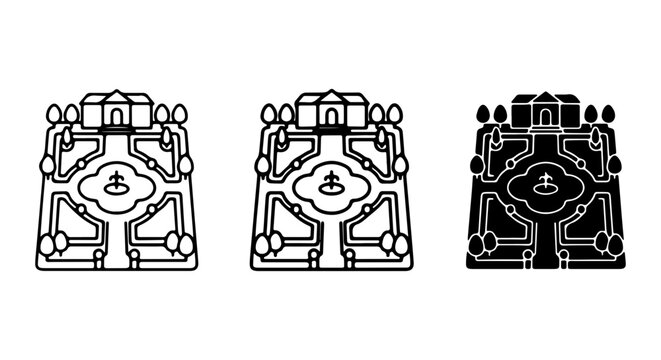 Geometric Garden Design Icons, Formal Landscape Layout Vector Set, Elegant Park Blueprint Elements