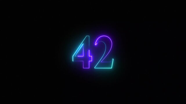 Neon glowing number 42 animation with vibrant purple and blue gradient light effect on black background