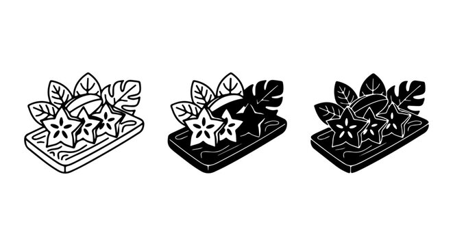 Star Fruit Slices on Wooden Board, Tropical Leaves, Vector Icons Set