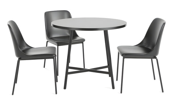 Sleek black round bistro table with a minimalist four-legged frame, paired with modern gray-black upholstered chairs, studio setting, clean backdrop.