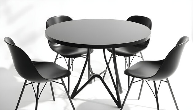 Modern black round dining table with delicate bentwood cross legs, surrounded by matching black curved-back chairs, bright white studio setting.