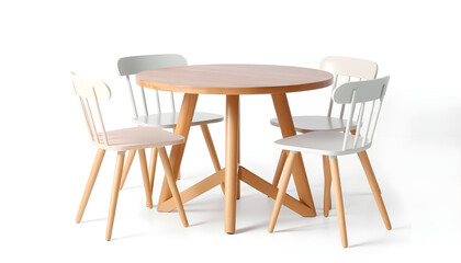 Fototapeta premium Scandinavian light wood round dining table with crossed base, four light gray chairs, bright white backdrop, studio photography visual.