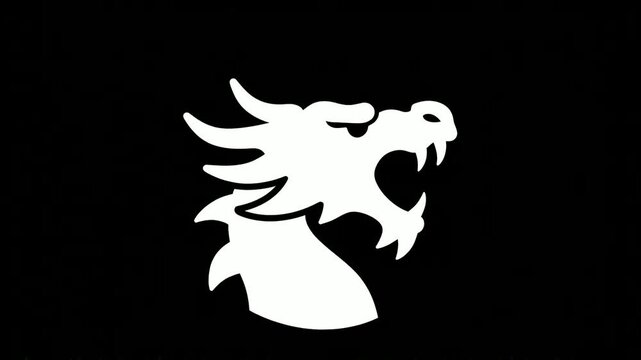 White Dragon Head Roaring Silhouette Icon Isolated on Black Background