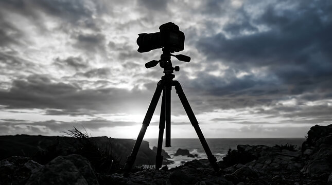 Camera on tripod with dramatic cloudy sky background