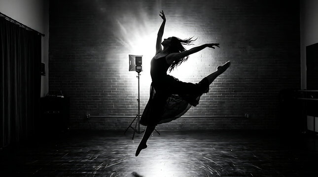 Ballroom dancer mid high kick in black and white