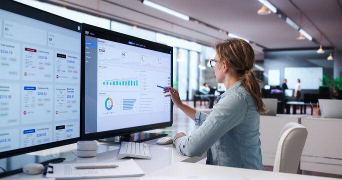 Young Woman Uses Software On Desktop