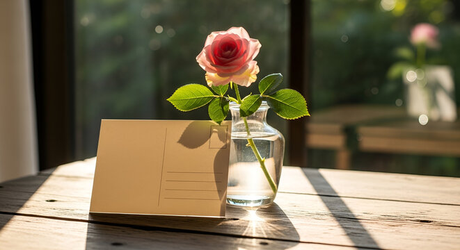 Soft floral still life with pink rose in glass jar on table.