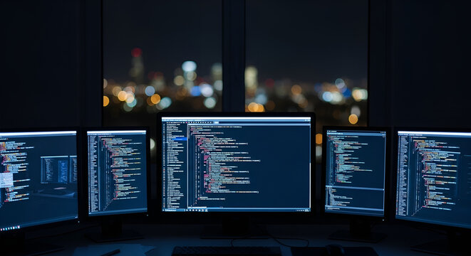 Multi Monitor Coding Studio at Night Displaying Code Screens.