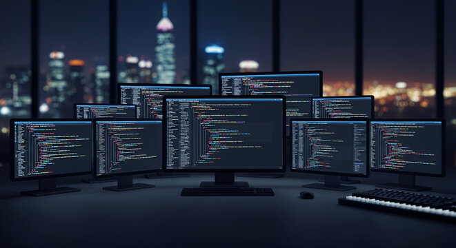 Nighttime coding in a multi monitor workstation with city skyline.