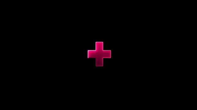 Glowing pink neon plus sign symbol pulsing on black background, for modern ui