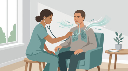 Obraz premium Doctor examines patient's lungs with stethoscope, illustrating breathing process