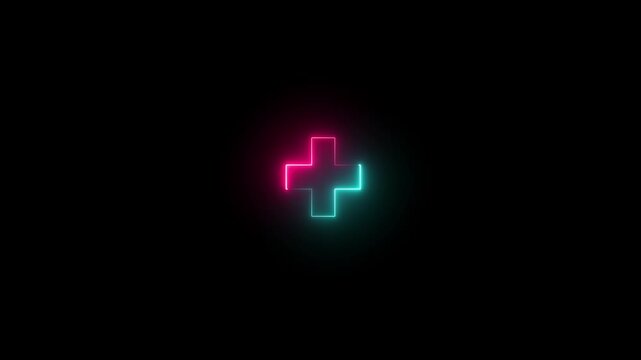 Neon plus sign animation with glowing pink and cyan light effect on black background, symbol