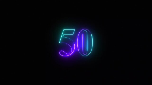 Neon glowing number 50 animation with vibrant blue and purple light trails on black background fifty