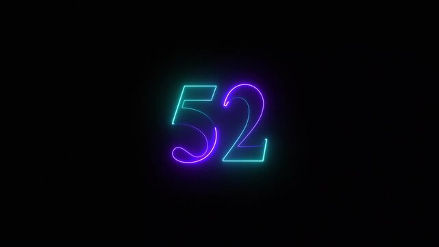 Neon number 52 glowing animation with cyan and purple gradient light effect on black background