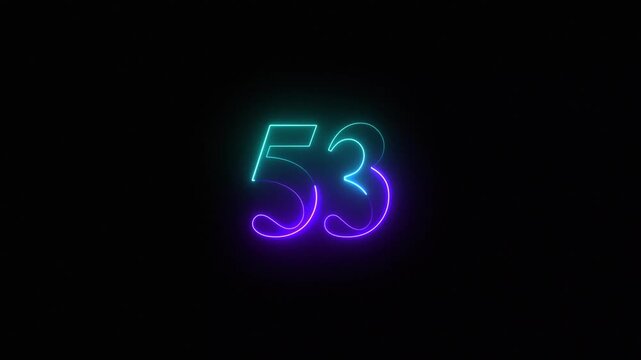 Glowing neon number 53 animation with vibrant blue and purple gradient light effect on black background