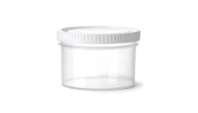 Empty plastic container with white lid isolated on white background.