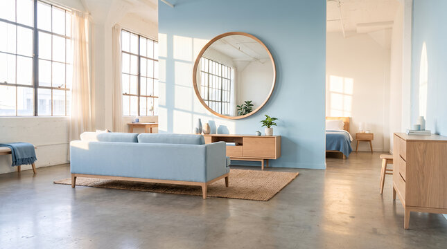 Modern loft living space with blue sofa oak console and round mirror