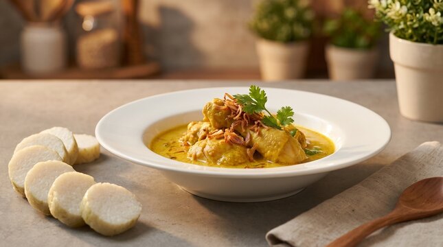 Indonesian Opor Ayam Chicken Curry Served with Lontong Rice Cakes