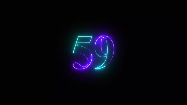 Neon glowing number 59 countdown animation with vibrant purple and blue gradient light effect fifty-nine