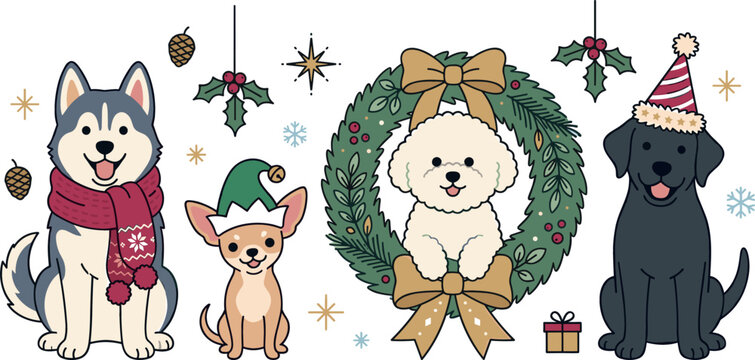 Cute Christmas Holiday Dogs Vector Set with Husky, Chihuahua, Poodle, and Retriever Wearing Festive Scarf, Elf Hat, Party Cone, and Wreath
