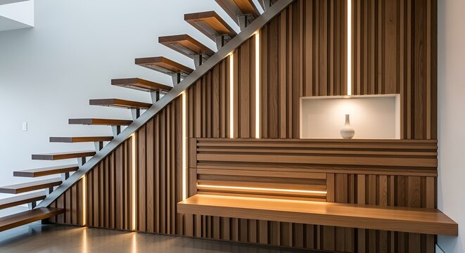 Modern Floating Staircase with Wooden Slat Feature Wall
Contemporary Staircase Design with Integrated LED Lighting
Wooden Slat Wall and Built-In Bench Under the Stairs