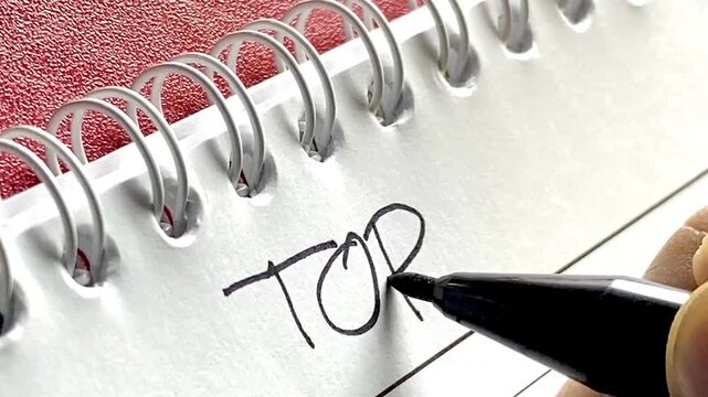 A man writing the words &ldquo;Top 10&rdquo; with a black marker on a notebook, symbolizing rankings, lists, content creation, planning, productivity, educational or business concepts, blogs, video, film, music