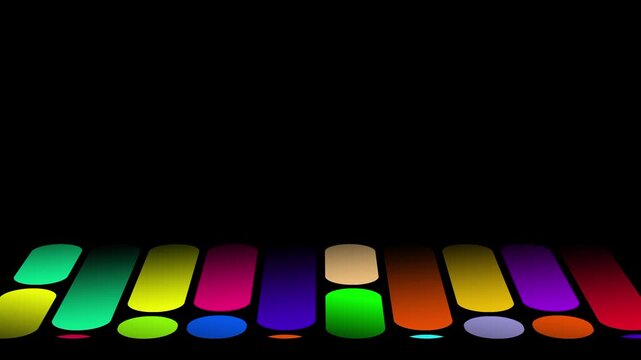 A vibrant rainbow colored piano keyboard glowing brightly against a dark black background creating an energetic modern musical rhythm animation scene