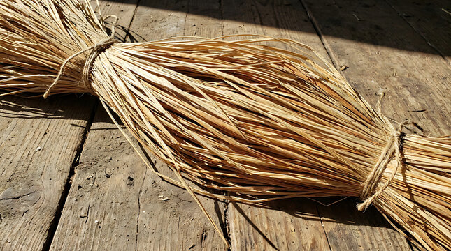 Bundle of Dried Raffia Fibers Tied with Twine on a Rustic Wooden Surface Illuminated by Sunlight