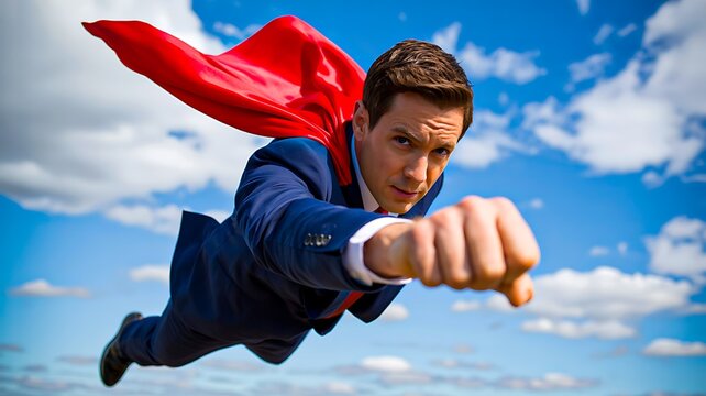Business superhero flying with red cape representing leadership confidence and success
