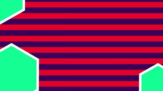 A bold red and dark blue horizontal striped pattern with bright green geometric arrow shapes creating a dynamic bold energetic modern visual layout